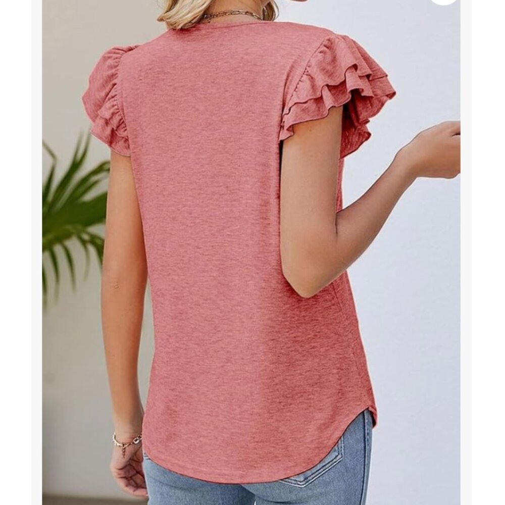 NEW Coral Pink Women's Casual Ruffle Short Sleeve Top sz XL - Picture 2 of 7